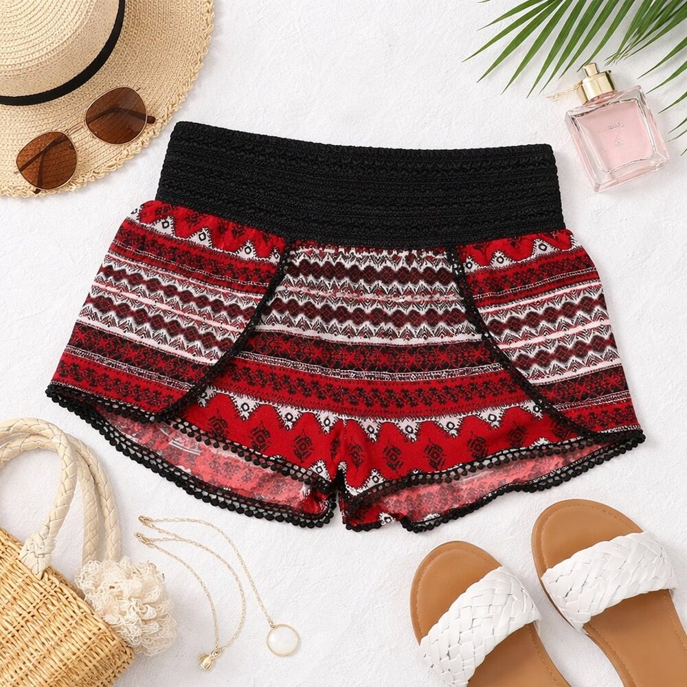 Crochet Waist Shorts, Red Tribal Print